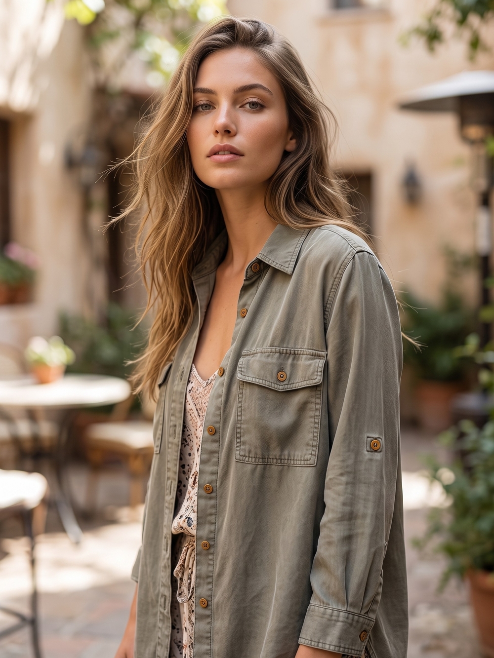Aritzia Babaton Olive Lyocell Utility Shirt Cargo Safari Oversized